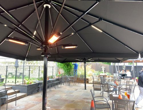 A shaded outdoor seating area with tables and chairs under a large black umbrella.