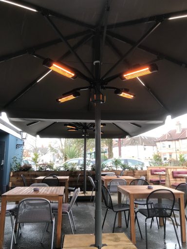 Outdoor café seating with shaded umbrellas and overhead heaters.